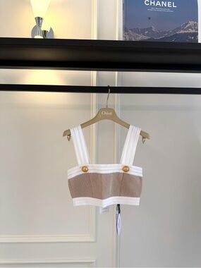 Balmain Beige and White Cropped Knit Bustier Top
